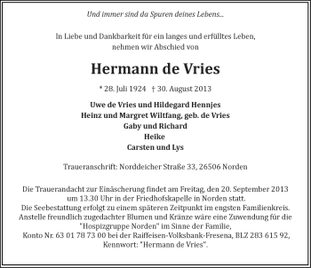 Traueranzeige von Hermann de Vries von Ostfriesischer Kurier