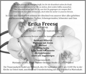 Traueranzeige von Erika Freese von Ostfriesischer Kurier