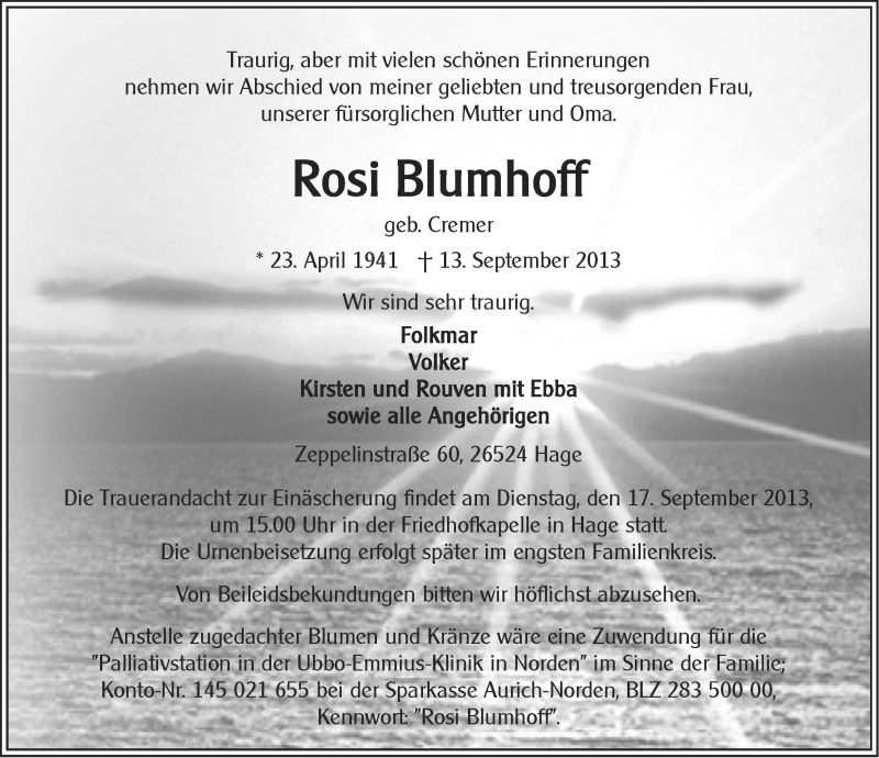  Traueranzeige für Rosi Blumhoff vom 14.09.2013 aus Ostfriesischer Kurier