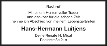 Traueranzeige von Hans-Hermann Luitjens von Ostfriesischer Kurier