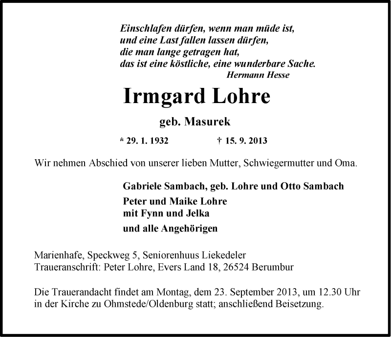  Traueranzeige für Irmgard Lohre vom 19.09.2013 aus Ostfriesischer Kurier