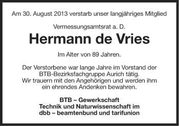 Traueranzeige von Hermann de Vries von Ostfriesischer Kurier