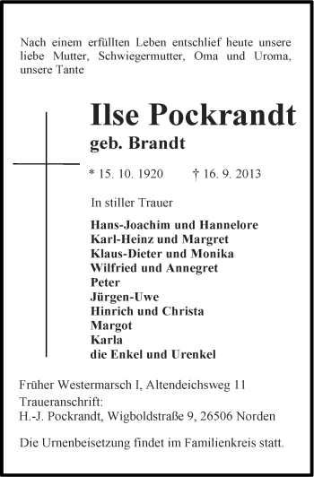 Traueranzeige von Ilse Pockrandt von Ostfriesischer Kurier
