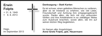 Traueranzeige von Erwin Folpts von Ostfriesischer Kurier