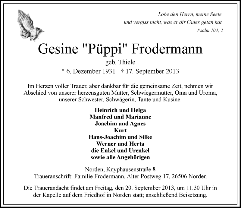  Traueranzeige für Gesine Frodermann vom 20.09.2013 aus Ostfriesischer Kurier