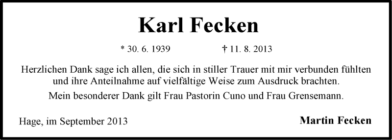  Traueranzeige für Karl Fecken vom 21.09.2013 aus Ostfriesischer Kurier