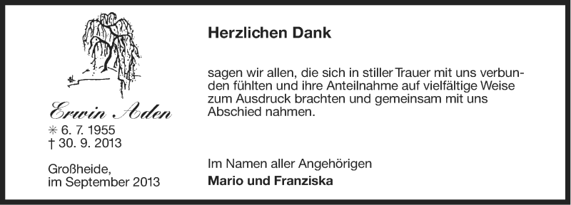  Traueranzeige für Erwin Aden vom 21.09.2013 aus Ostfriesischer Kurier