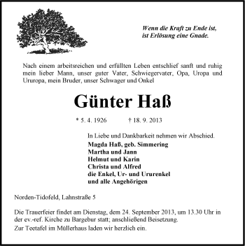 Traueranzeige von Günter Haß von Ostfriesischer Kurier