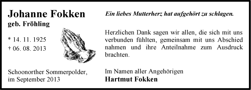  Traueranzeige für Johanne Fokken vom 21.09.2013 aus Ostfriesischer Kurier