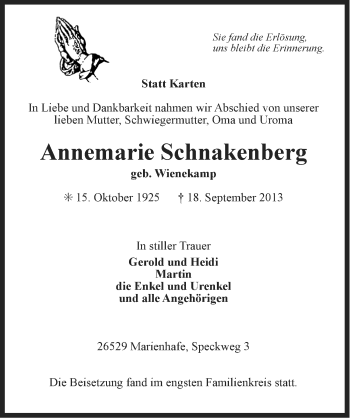 Traueranzeige von Annemarie Schnakenberg von Ostfriesischer Kurier