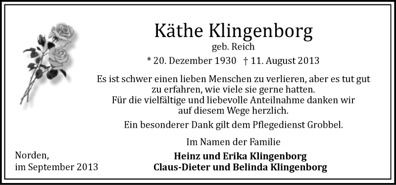  Traueranzeige für Käthe Klingenborg vom 21.09.2013 aus Ostfriesischer Kurier