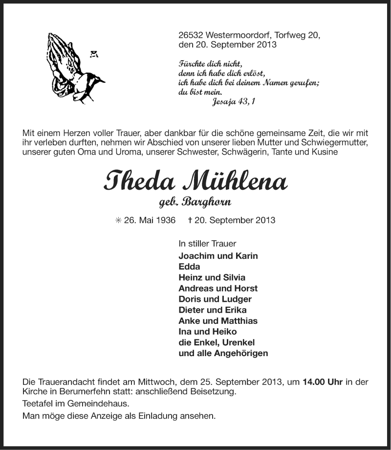  Traueranzeige für Theda Mühlena vom 21.09.2013 aus Ostfriesischer Kurier