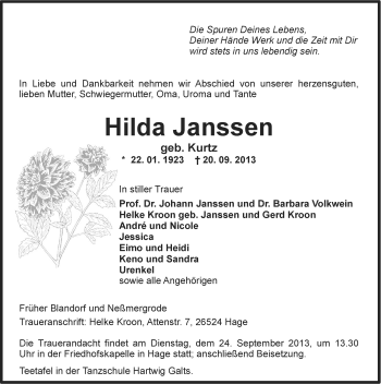 Traueranzeige von Hilda Janssen von Ostfriesischer Kurier
