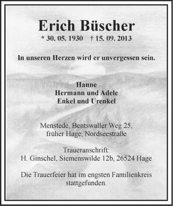 Traueranzeige von Erich Büscher von Ostfriesischer Kurier