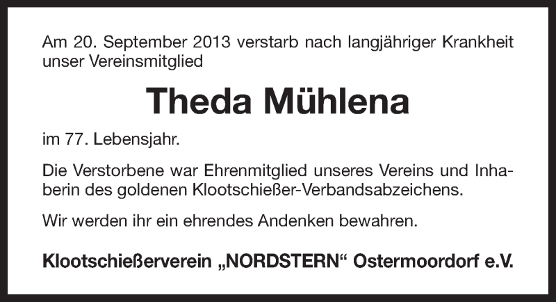  Traueranzeige für Theda Mühlena vom 24.09.2013 aus Ostfriesischer Kurier