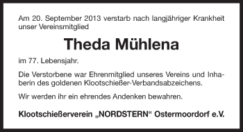 Traueranzeige von Theda Mühlena von Ostfriesischer Kurier