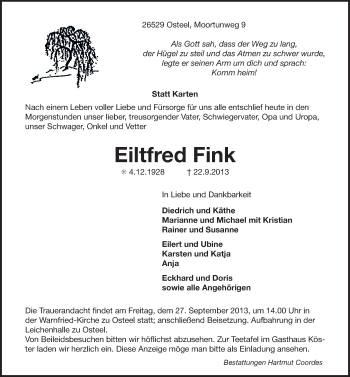 Traueranzeige von Eiltfred Fink von Ostfriesischer Kurier