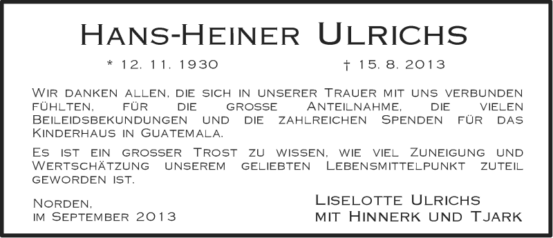  Traueranzeige für Hans-Heiner Ulrichs vom 28.09.2013 aus Ostfriesischer Kurier