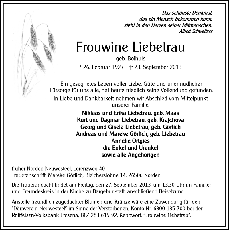  Traueranzeige für Frouwine Liebetrau vom 24.09.2013 aus Ostfriesischer Kurier