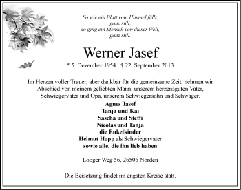 Traueranzeige von Werner Jasef von Ostfriesischer Kurier