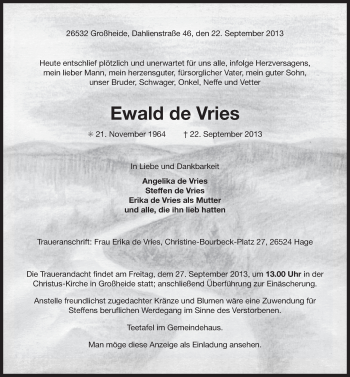 Traueranzeige von Ewald de Vries von Ostfriesischer Kurier