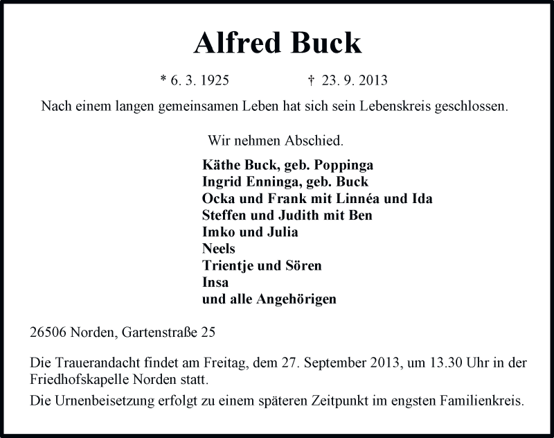  Traueranzeige für Alfred Buck vom 25.09.2013 aus Ostfriesischer Kurier