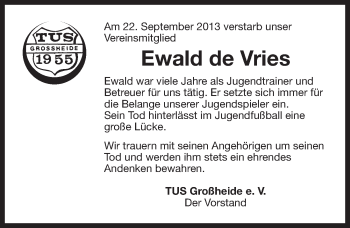 Traueranzeige von Ewald de Vries von Ostfriesischer Kurier