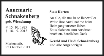 Traueranzeige von Annemarie Schnakenberg von Ostfriesischer Kurier