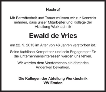 Traueranzeige von Ewald de Vries von Ostfriesischer Kurier