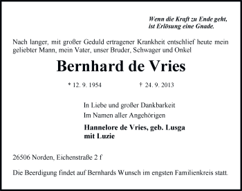 Traueranzeige von Bernhard de Vries von Ostfriesischer Kurier