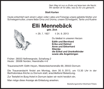 Traueranzeige von Elli Mennebäck von Ostfriesischer Kurier