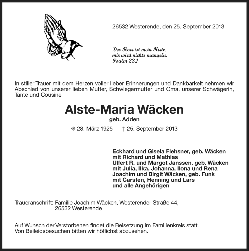  Traueranzeige für Alste-Maria Wäcken vom 27.09.2013 aus Ostfriesischer Kurier