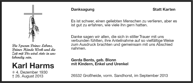  Traueranzeige für Karl Harms vom 28.09.2013 aus Ostfriesischer Kurier