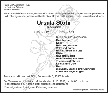 Traueranzeige von Ursula Stöhr von Ostfriesischer Kurier