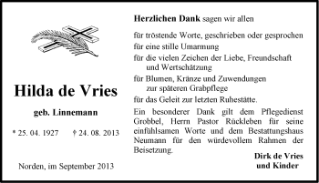Traueranzeige von Hilda de Vries von Ostfriesischer Kurier