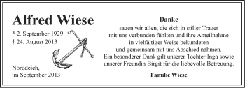 Traueranzeige von Alfred Wiese von Ostfriesischer Kurier