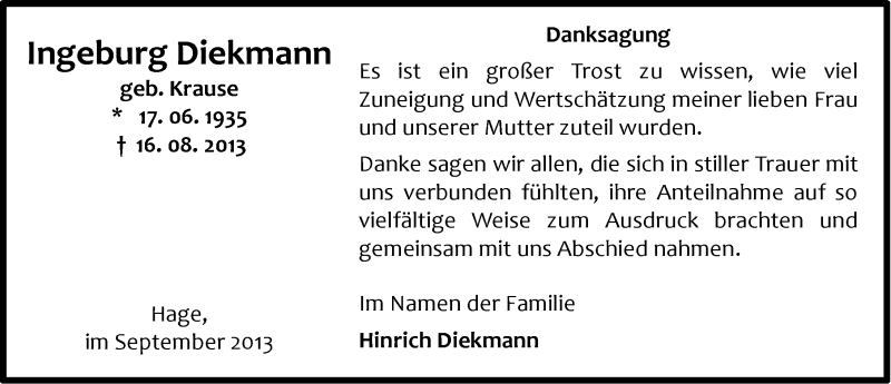  Traueranzeige für Ingeburg Diekmann vom 28.09.2013 aus Ostfriesischer Kurier