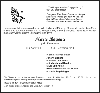Traueranzeige von Marie Bogena von Ostfriesischer Kurier