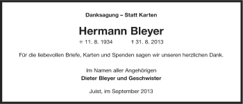 Traueranzeige von Hermann Bleyer von Ostfriesischer Kurier