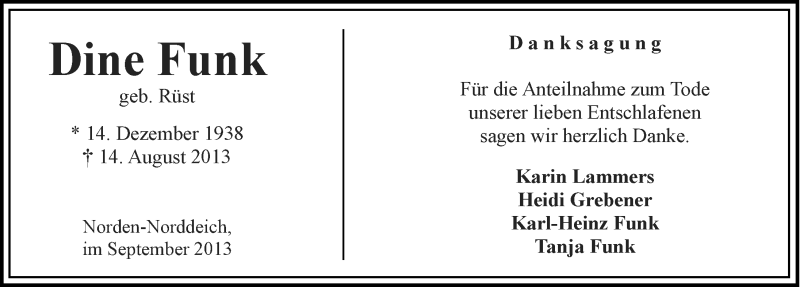  Traueranzeige für Dine Funk vom 28.09.2013 aus Ostfriesischer Kurier