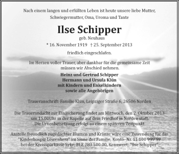 Traueranzeige von Ilse Schipper von Ostfriesischer Kurier
