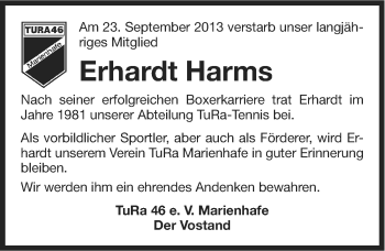 Traueranzeige von Erhardt Harms von Ostfriesischer Kurier