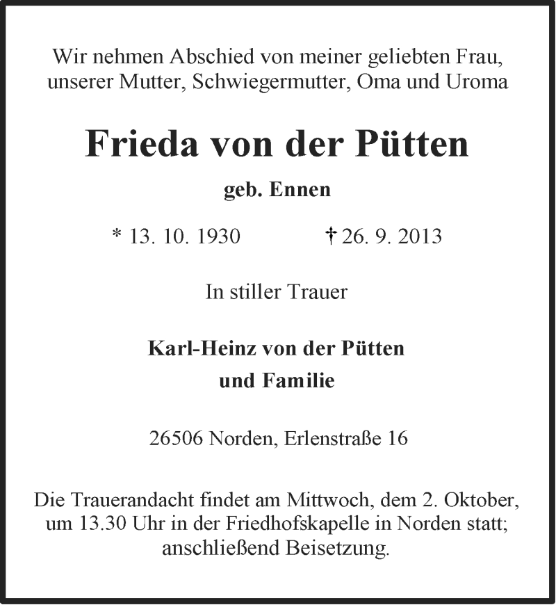  Traueranzeige für Frieda von der Pütten vom 28.09.2013 aus Ostfriesischer Kurier