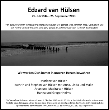 Traueranzeige von Edzard van Hülsen von Ostfriesischer Kurier