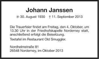 Traueranzeige von Johann Janssen von Ostfriesischer Kurier