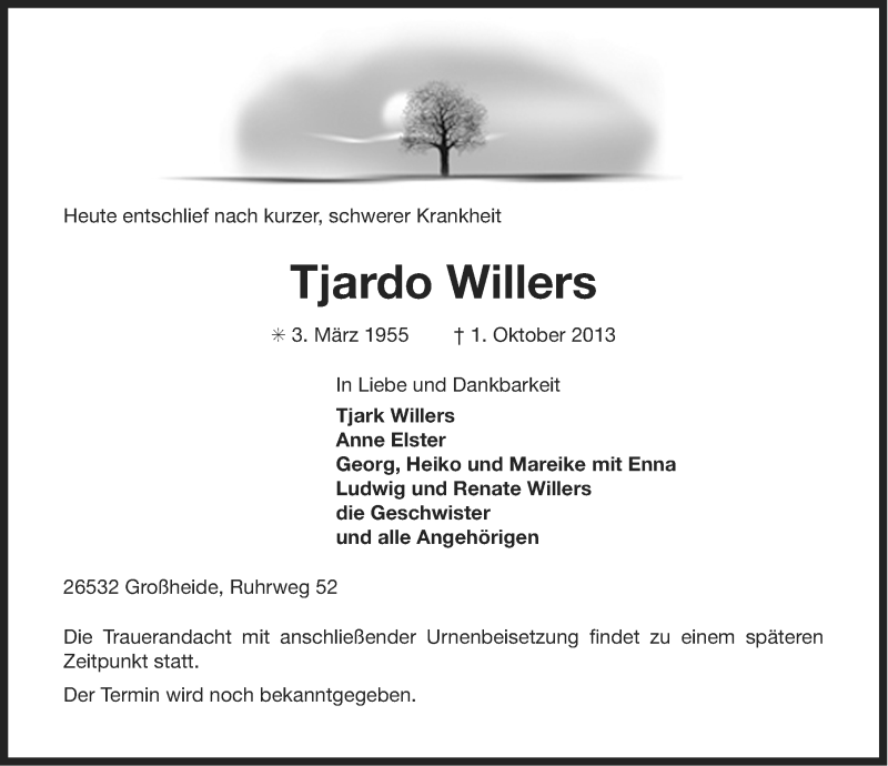  Traueranzeige für Tjardo Willers vom 02.10.2013 aus Ostfriesischer Kurier