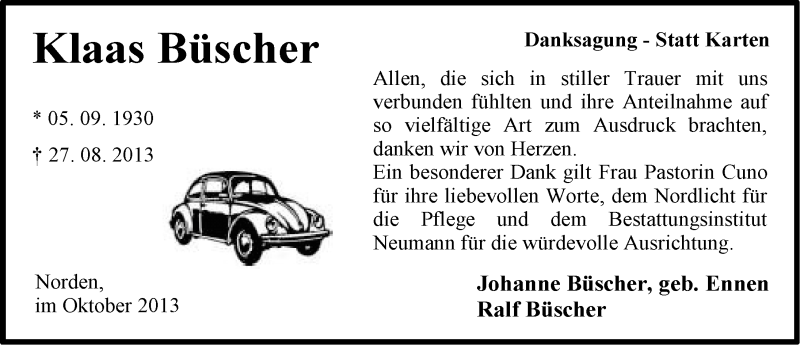  Traueranzeige für Klaas Büscher vom 05.10.2013 aus Ostfriesischer Kurier