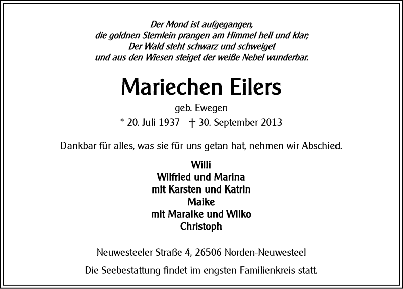 Traueranzeige für Mariechen Eilers vom 02.10.2013 aus Ostfriesischer Kurier