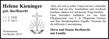 Traueranzeige von Helene Kieninger von Ostfriesischer Kurier