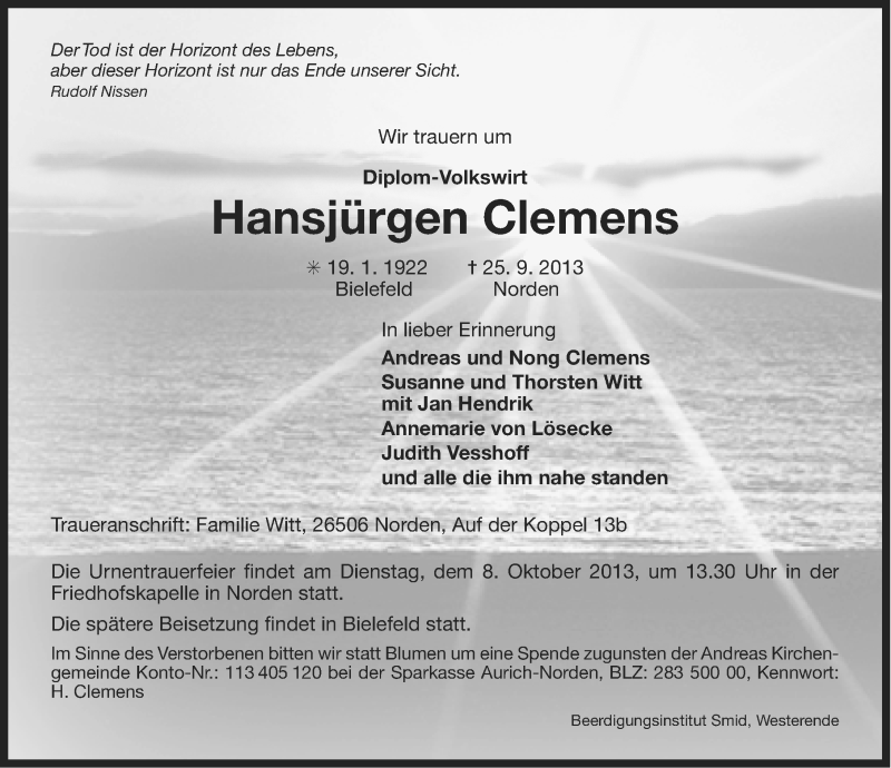  Traueranzeige für Hansjürgen Clemens vom 05.10.2013 aus Ostfriesischer Kurier